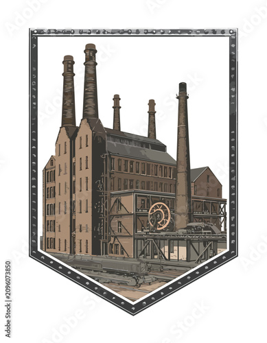 A retro industrial factory badge illustration featuring brick buildings, tall smokestacks, gears, and a vintage train locomotive in a shield frame.