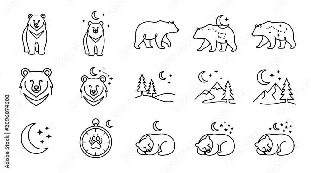 Naklejka premium Cute Bear Icons Set, Night Sky, Moon, Stars, Constellations, Sleepy Animals