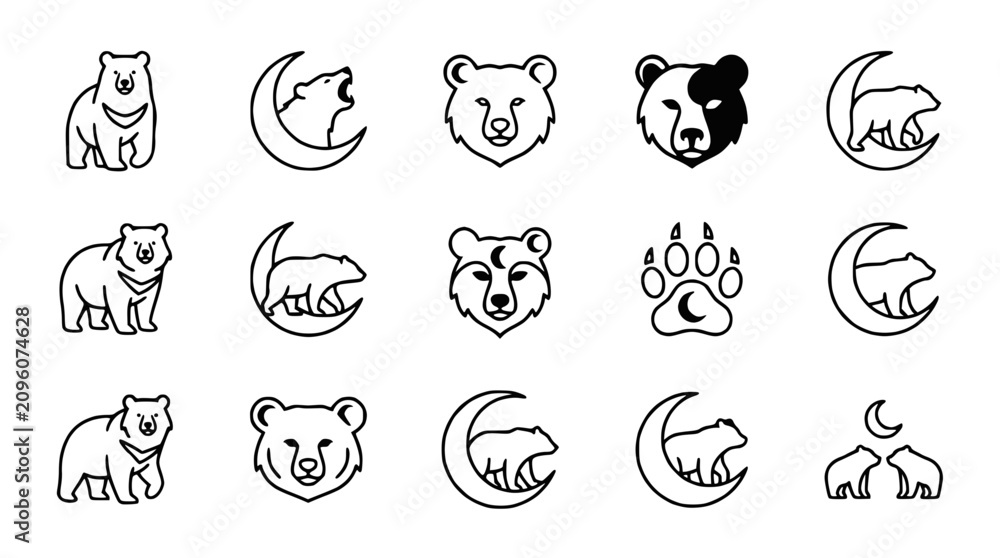 Obraz premium Bear Icons Set: Cute Cartoon Animals, Moon, Paw Prints, Wildlife Symbols