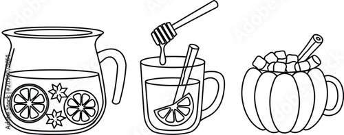 Fotografie Cozy winter hot drinks line icon set with mulled wine teapot honey tea mug and p