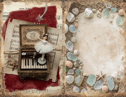 Vintage music box ballerina stands on keys beside aged sheet music and textured paper with sea glass