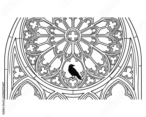Detailed Rose Window Tracery Illustration with Small Bird Silhouette for Gothic Art