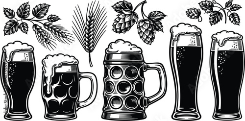 Canvastavla Craft beer illustration set with full glasses mugs foam hops and barley leaves f