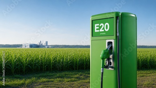 E20 Ethanol Fuel Pump in Front of Biofuel Crop Field and Modern Biorefinery for Renewable Energy Production