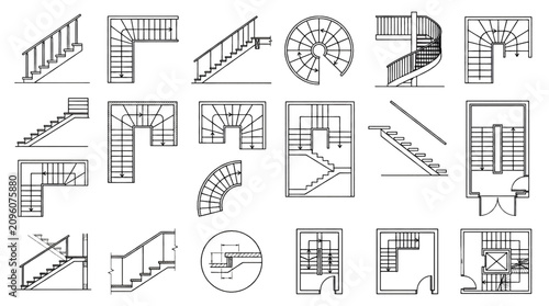 Quadro em tela Advanced Staircase CAD Blueprint Black and White Vector Set Featuring U Shape Sp