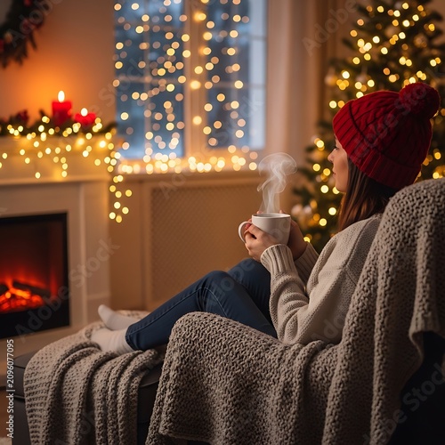 Cozy Young Woman Holding Hot Mug Beside Fireplace in Festive Living Room