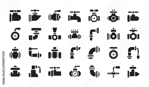 Cuadro en lienzo Varied collection of plumbing fixtures and pipe elements icons on a white background