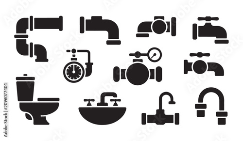 Foto Black silhouette vector icons of plumbing parts pipes faucets and sanitation equipment set