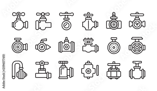 Fotografía Plumbing pipe fittings and water valves outline icons set vector illustration