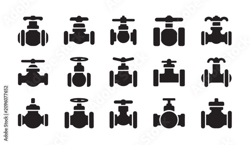 Foto Plumbing pipe fittings and water valves solid black vector icons set