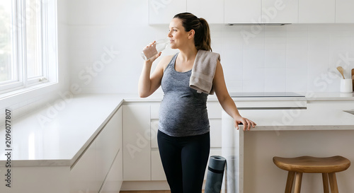 Pregnant woman drinking water in bright modern kitchen after workout