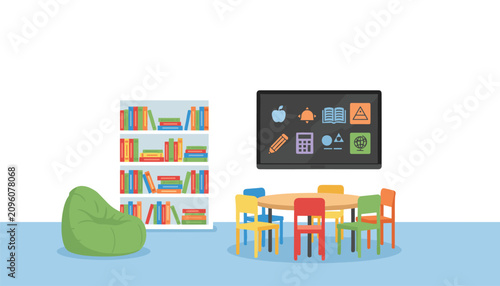 Modern classroom interior features a bookshelf, colorful circular table with seating, and a smartboard displaying various academic math icons.