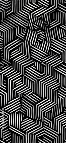 Abstract stripped pattern creating intricate three dimensional geometric shapes and optical illusion. Isometric black and white striped geometric pattern creating abstract maze