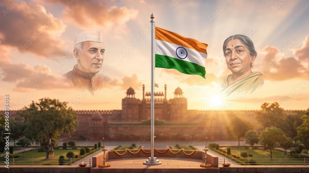Fototapeta premium Indian Independence Day Banner with Red Fort and National Flag