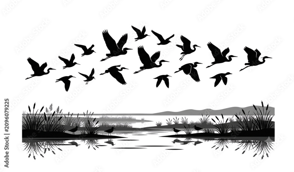 Obraz premium Flying Bird Flock Wetland Silhouette Premium Vector