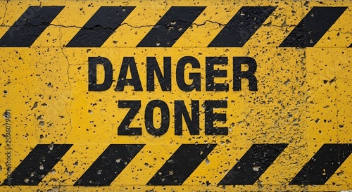 Weathered Yellow Danger Zone Warning Sign with Black Stripes on Grungy Surface