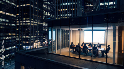 Professional corporate business team having a late night presentation meeting inside a modern glass office conference room overlooking a beautifully illuminated dark city skyline.