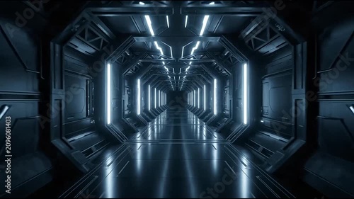 Futuristic Sci-Fi Spaceship Corridor with Blue Neon Lights