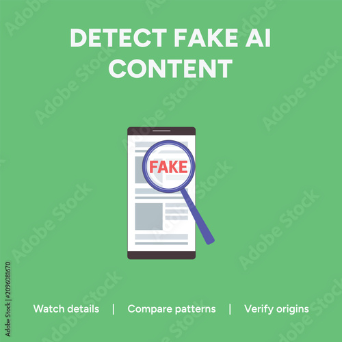 A purple magnifying glass hovering over a smartphone screen displaying the word fake in bold red capital block letters