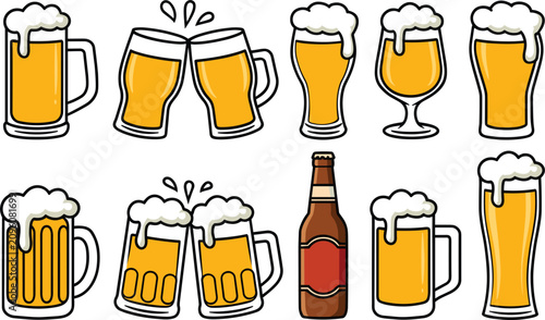 Konstfotografi Flat style beer icon set with glass mugs clinking pints bottle and bubbling foam