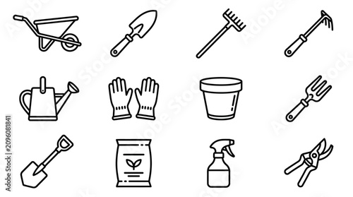 Gardening Tools Icons Set: Wheelbarrow, Trowel, Rake, Hoe, Watering Can, Gloves, Pot, Fork