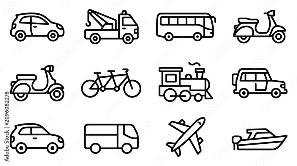 Obraz premium Collection of simple line art icons representing various modes of transportation, travel, and vehicles.