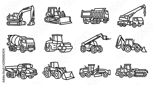 Bild auf Leinwand Construction Vehicles Line Art Icons: Excavator, Bulldozer, Crane, Truck, Loader