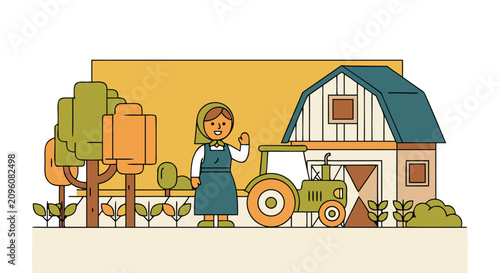 Foto Farmer woman in front of barn and tractor flat design vector illustration for ag