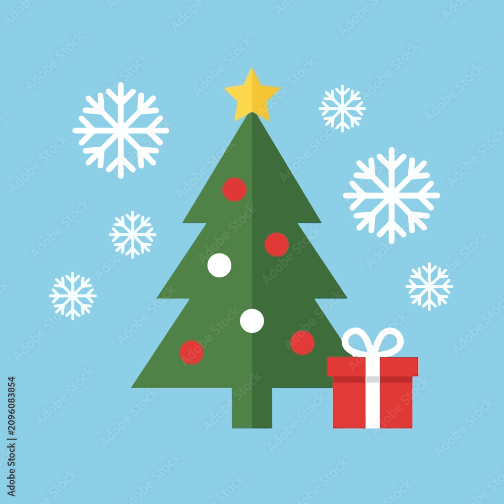 Naklejka premium Flat vector illustration of a decorated Christmas tree with a gift box