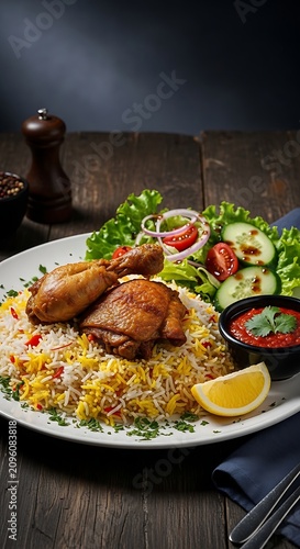 Spiced Chicken Biryani with Fresh Salad on Rustic Wooden Table