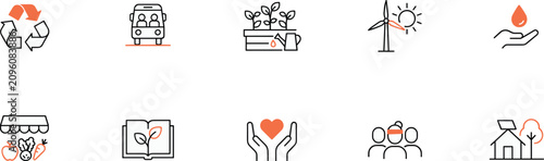Eco sustainability icon set, recycling symbol, public transport bus, planter box plants, renewable wind turbine sun, water conservation hand, organic