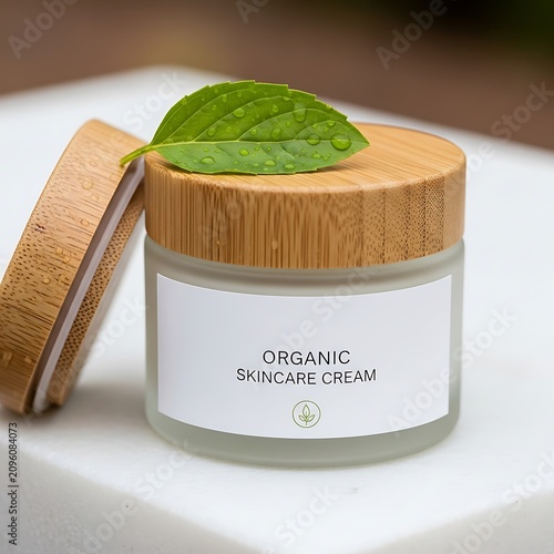 Organic Skincare Cream Jar with Bamboo Lid and Green Leaf on White Surface