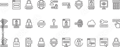 Collection of various security and access control icons with password locks and digital protection symbols on transparent background
