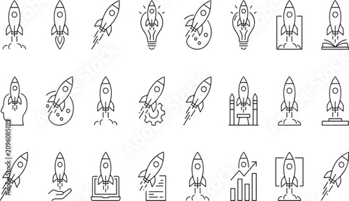 Creative line icons featuring rockets combined with various objects and concepts for design projects