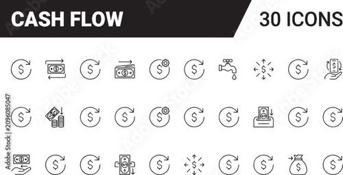 Set of thirty unique cash flow icons with transparent backgrounds for financial presentations and business graphics