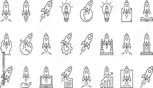 Creative set of flat design icons featuring rockets combined with various objects and concepts for presentations and digital projects