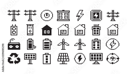 Comprehensive variety of power generation and electrical house utility icons in pixel art.