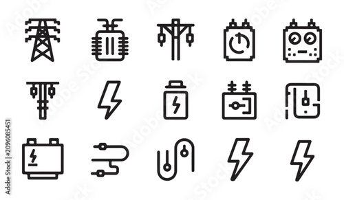 Set of fifteen electricity and power utility transmission grid line icons in flat design.