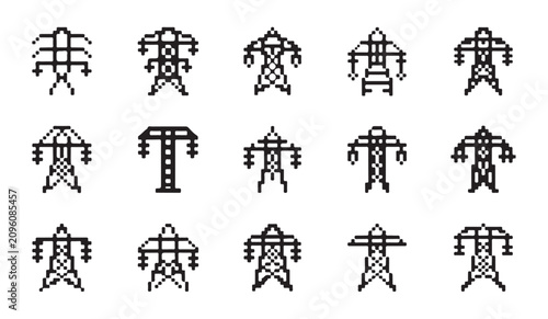 Fotografía Pixel art style collection of various electrical transmission towers and high voltage pylons