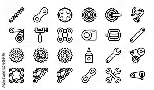 Foto Bicycle Chain Line Icon Set with Drivetrain Gear and Cycling Maintenance Symbols