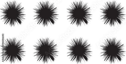Foto Collection of black spiky starburst icons and abstract ink splash shapes isolate