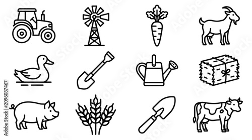 Farm Icons Set: Tractor, Animals, Tools, Crops, Windmill, Hay Bale