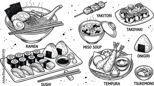 Bild auf Leinwand Vintage Japanese Food Set Vector Illustration Featuring Hand Drawn Ramen, Sushi,