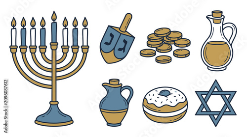 Tableau sur toile Hand drawn Hanukkah symbols including menorah and dreidel