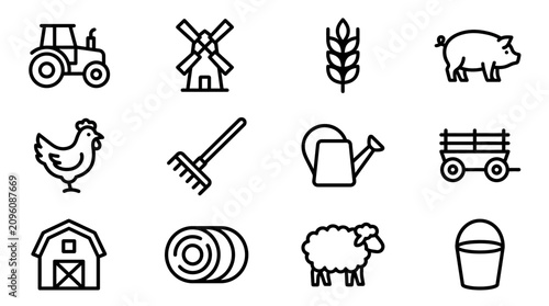 Schilderij op canvas Farm Icons Set: Tractor, Pig, Chicken, Sheep, Barn, Mill, Rake, Wheat, Hay, Buck