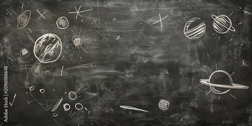 Hand drawn solar system doodles on black chalkboard background with planets, stars and space sketch illustration