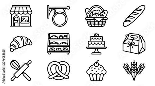 Fotografía Bakery Icons Set: Shop, Bread, Croissant, Cake, Pastry, Wheat, Baking Tools
