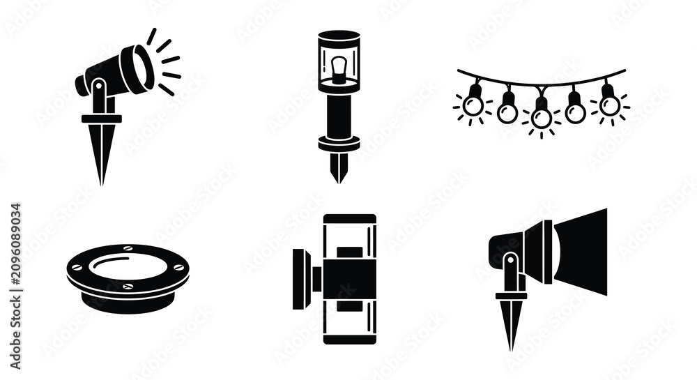 Fototapeta premium Variety Of Outdoor Lighting Fixtures Black Silhouette Vector Graphics