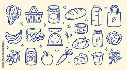 Quadro su tela Hand drawn grocery icons set, blue line art food illustrations, organic market p