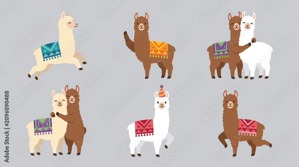 Fototapeta premium Colorful illustration of multiple alpacas standing.